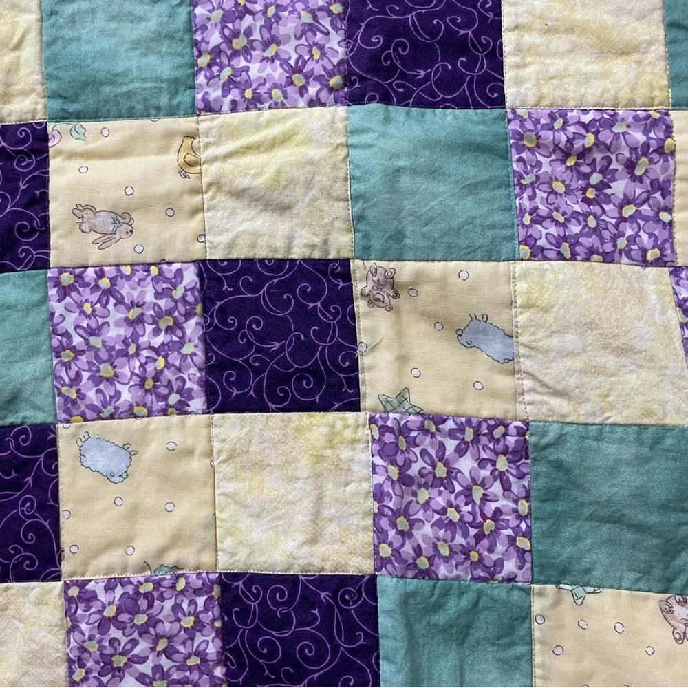 Hand Made Quilt Throw Lap Blanket Crib Purple Yellow Green Wall Hanging